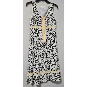 Cato Womens Black White Floral Midi Dress Yellow Trim Tie V-Neck Size 8 Slveless